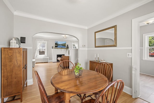 1407 Pascal St N, Saint Paul, MN 55108 - dining area featuring radiator, light wood-type flooring, arched walkways, a fireplace, and crown molding