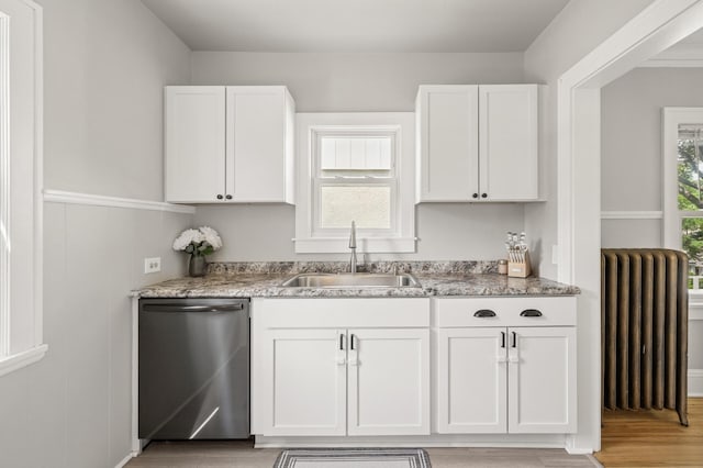 1407 Pascal St N, Saint Paul, MN 55108 - kitchen with radiator heating unit, stainless steel dishwasher, white cabinetry, and light wood-style flooring