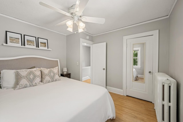 1407 Pascal St N, Saint Paul, MN 55108 - bedroom featuring radiator heating unit, light wood-style flooring, crown molding, and ceiling fan
