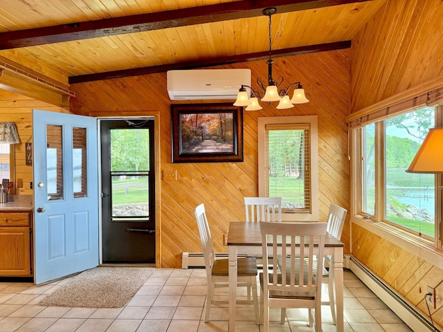 3025 Viewpoint Rd, Isle, MN 56342 - dining area featuring baseboard heating, wooden walls, a chandelier, light tile patterned floors, and a wall mounted air conditioner