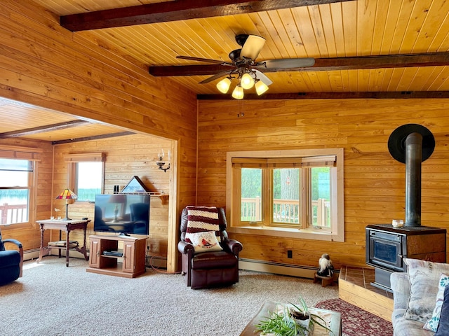 3025 Viewpoint Rd, Isle, MN 56342 - living area featuring a wood stove, a wood ceiling with exposed beams, wooden walls, a ceiling fan, and carpet