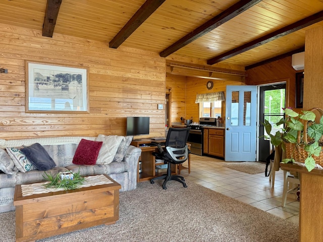 3025 Viewpoint Rd, Isle, MN 56342 - office space with wooden walls, light tile patterned floors, a wall unit AC, and a wooden ceiling with exposed beams