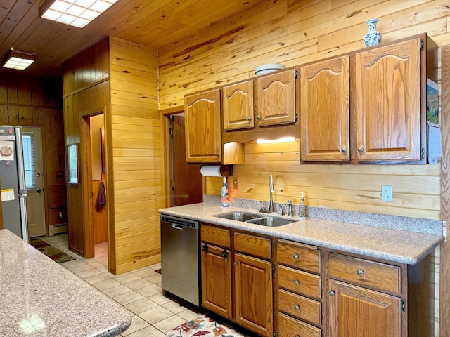 3025 Viewpoint Rd, Isle, MN 56342 - kitchen featuring stainless steel dishwasher, wood ceiling, wood walls, light countertops, and light tile patterned floors