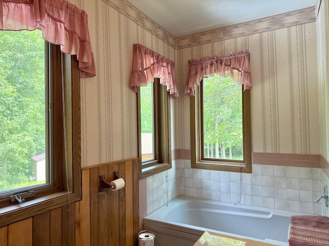 3025 Viewpoint Rd, Isle, MN 56342 - bathroom featuring wallpapered walls, a garden tub, healthy amount of natural light, and wainscoting