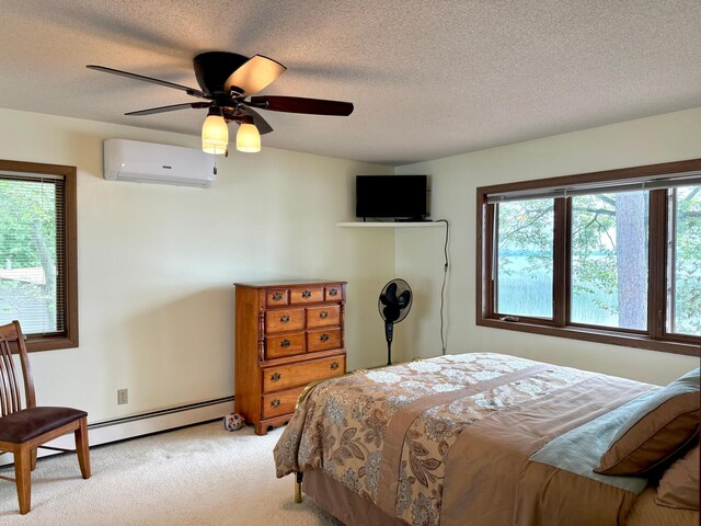 3025 Viewpoint Rd, Isle, MN 56342 - bedroom featuring a wall unit AC, light carpet, a textured ceiling, a baseboard heating unit, and a ceiling fan