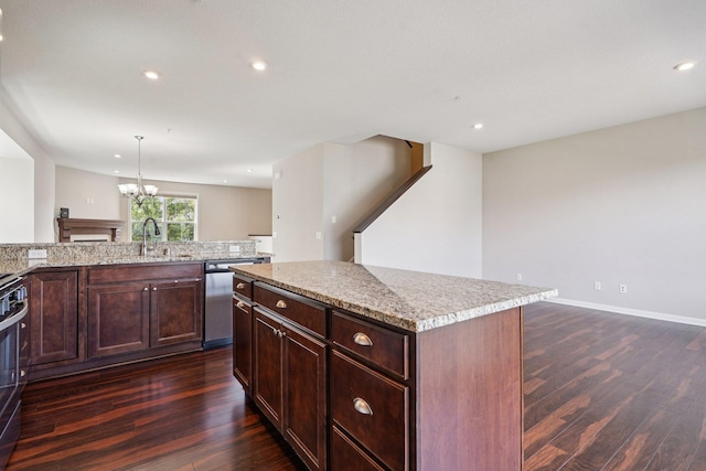 8169 Central Park Way N, Maple Grove, MN 55369 - kitchen featuring dishwasher, dark wood finished floors, a chandelier, a kitchen island, and recessed lighting