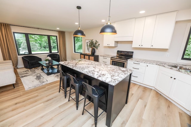7719 Canary Rd SW, Alexandria, MN 56308 - kitchen featuring stainless steel electric stove, light wood-style floors, white cabinets, light stone counters, and recessed lighting