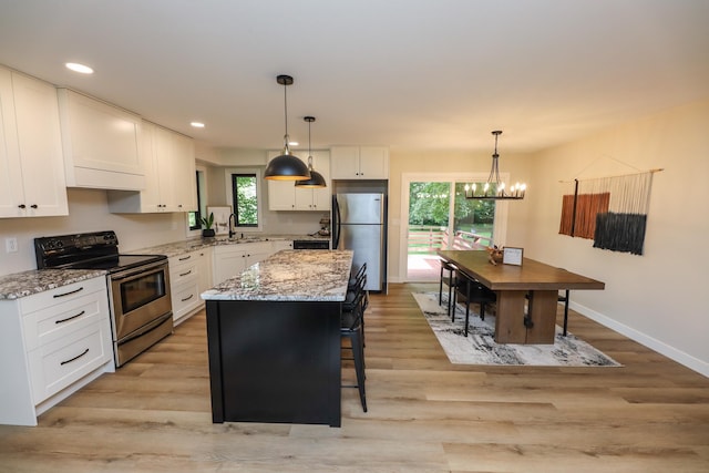 7719 Canary Rd SW, Alexandria, MN 56308 - kitchen with appliances with stainless steel finishes, white cabinets, plenty of natural light, a center island, and recessed lighting