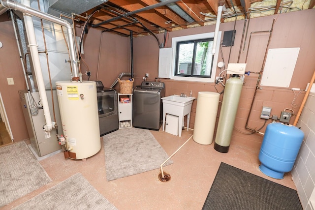 7719 Canary Rd SW, Alexandria, MN 56308 - below grade area featuring gas water heater, a water pressure tank, a water softener system, washer and dryer, and concrete block wall