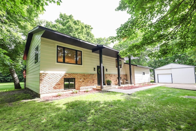 7719 Canary Rd SW, Alexandria, MN 56308 - view of front of house featuring brick siding, a front yard, a garage, and an outdoor structure