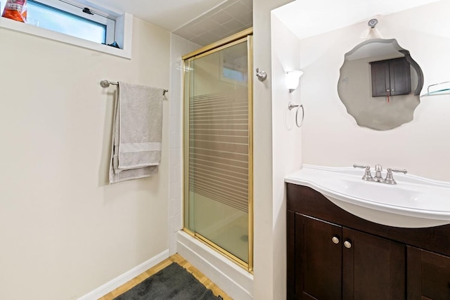 1105 9th Ave NW, Rochester, MN 55901 - bathroom with a stall shower, vanity, and wood finished floors