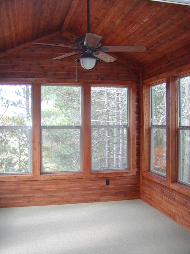 1176X Forestview Dr, Baxter, MN 56425 - unfurnished sunroom featuring wooden walls, wooden ceiling, vaulted ceiling, and carpet flooring