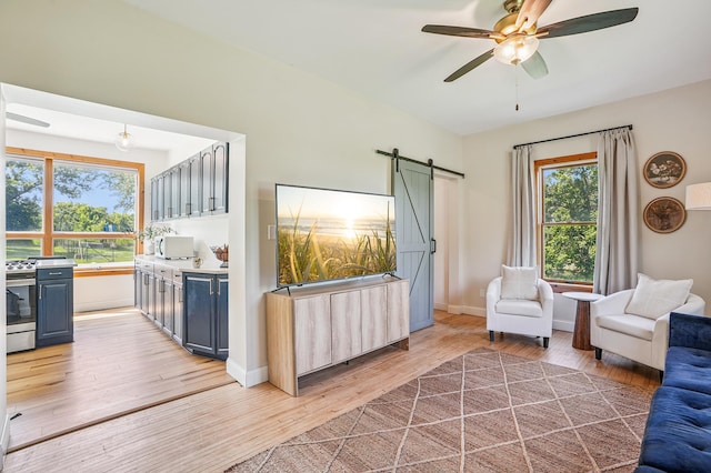 2352 90th Ave, Osceola, WI 54020 - living room featuring a barn door, light wood finished floors, and ceiling fan