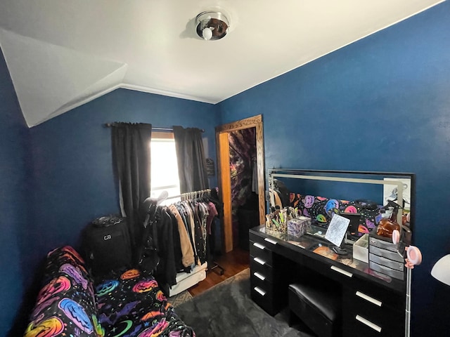 407 Minnesota St, Redwood Falls, MN 56283 - bedroom featuring dark wood-type flooring and vaulted ceiling