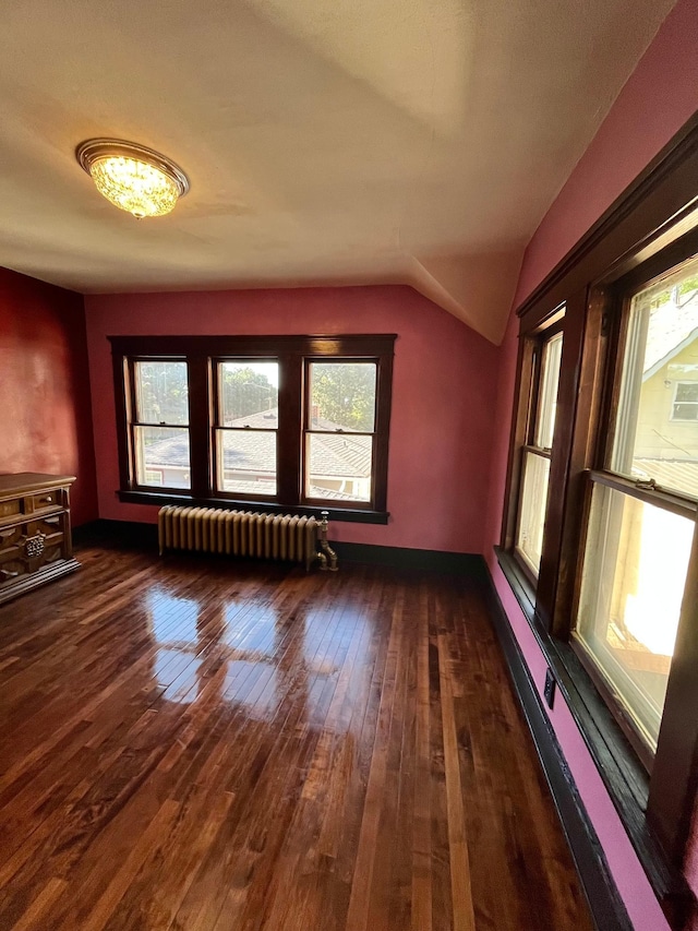 407 Minnesota St, Redwood Falls, MN 56283 - unfurnished living room featuring radiator, hardwood / wood-style floors, lofted ceiling, and plenty of natural light