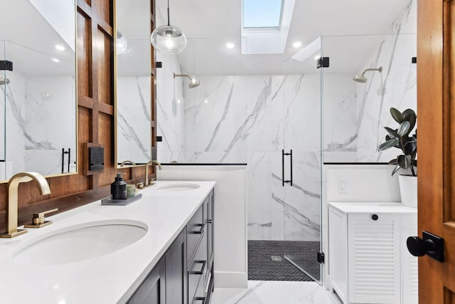 1611 Hill Ridge Ter, Minnetonka, MN 55305 - bathroom featuring a marble finish shower, double vanity, marble look tile flooring, recessed lighting, and a skylight