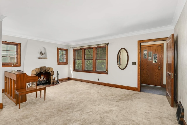 3609 Elliot Ave, Minneapolis, MN 55407 - sitting room featuring carpet floors, crown molding, and a fireplace with flush hearth