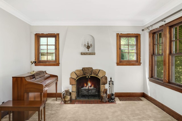 3609 Elliot Ave, Minneapolis, MN 55407 - sitting room with carpet floors, crown molding, and a fireplace with flush hearth