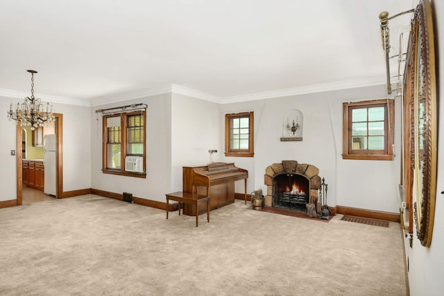 3609 Elliot Ave, Minneapolis, MN 55407 - living area with light carpet, a chandelier, ornamental molding, a fireplace with flush hearth, and cooling unit