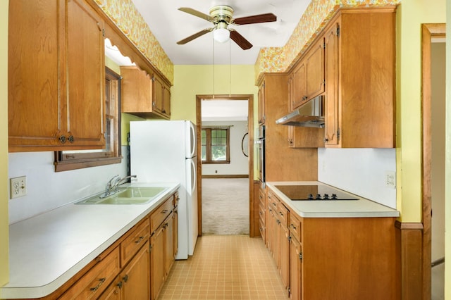 3609 Elliot Ave, Minneapolis, MN 55407 - kitchen with under cabinet range hood, black electric cooktop, a ceiling fan, light countertops, and brown cabinets