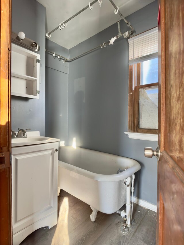 415 College St, Albert Lea, MN 56007 - bathroom with wood finished floors, a combined bath / shower with freestanding tub, and vanity