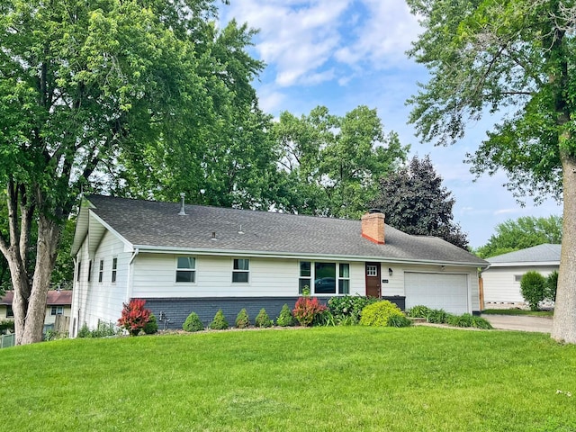 400 Unique Dr, Burnsville, MN 55337 - ranch-style home with a garage, a front yard, a chimney, brick siding, and driveway