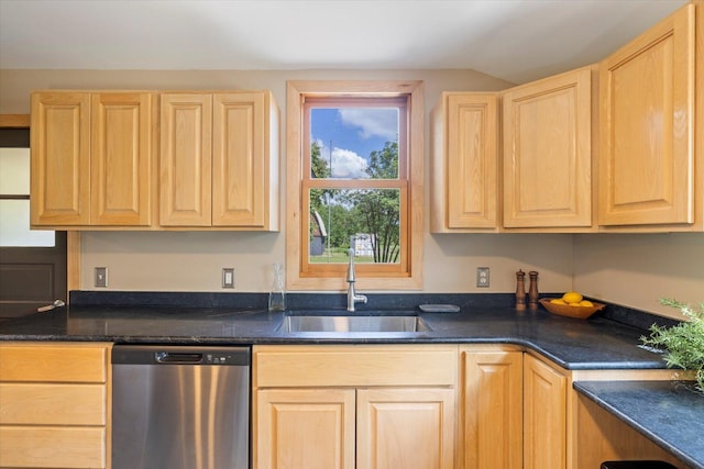 14766 Danson Rd, Splithand Twp, MN 55744 - kitchen with stainless steel dishwasher, light brown cabinets, and vaulted ceiling