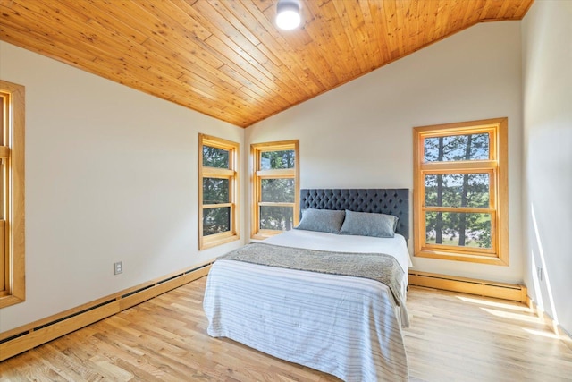 14766 Danson Rd, Splithand Twp, MN 55744 - bedroom featuring a baseboard heating unit, lofted ceiling, wood finished floors, and wood ceiling