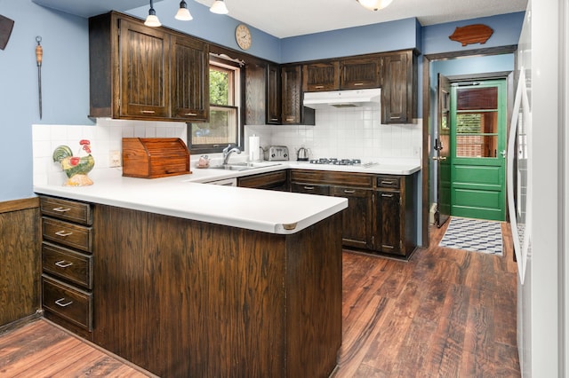 1708 Woodland Rd, Saint Cloud, MN 56304 - kitchen featuring under cabinet range hood, dark brown cabinets, and dark wood-style floors