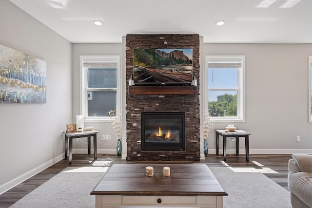 14660 109th Ave N, Maple Grove, MN 55369 - living room featuring wood finished floors, a stone fireplace, and recessed lighting