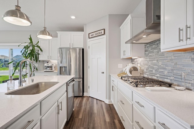 14660 109th Ave N, Maple Grove, MN 55369 - kitchen featuring wall chimney range hood, stainless steel appliances, white cabinetry, dark wood-style floors, and recessed lighting