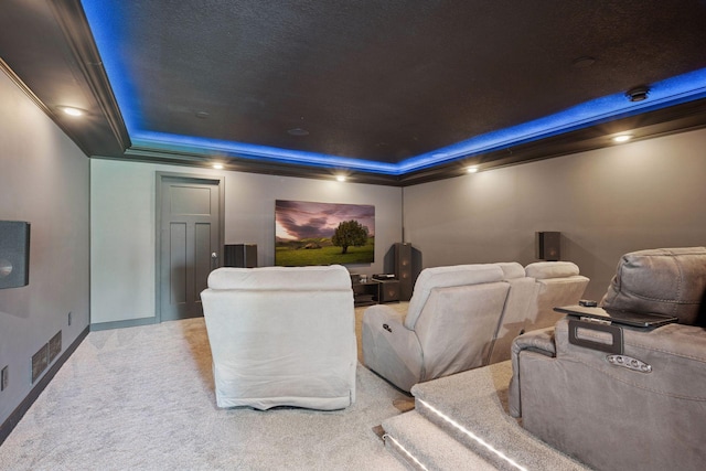 14660 109th Ave N, Maple Grove, MN 55369 - home theater featuring a raised ceiling, light colored carpet, and crown molding