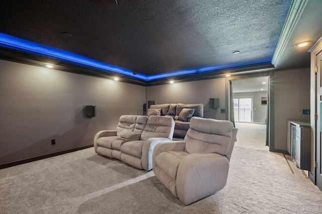 14660 109th Ave N, Maple Grove, MN 55369 - home theater room featuring light colored carpet, a tray ceiling, a textured ceiling, and crown molding