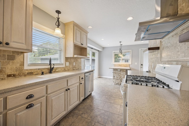 12209 Davenport St NE, Blaine, MN 55449 - kitchen with exhaust hood, white range with gas cooktop, dishwasher, decorative backsplash, and light countertops