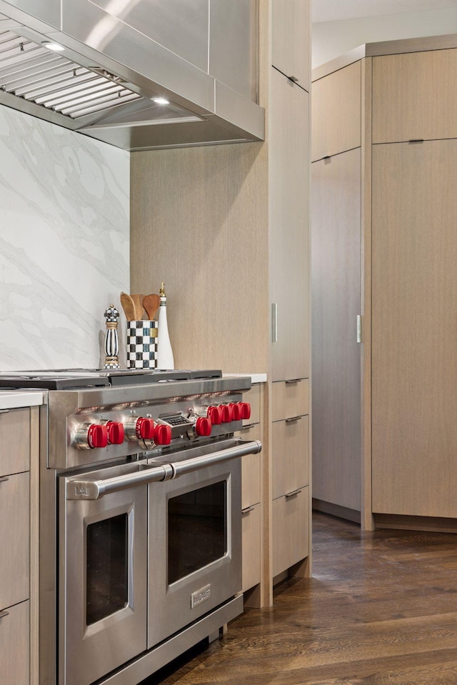 2 Red Forest Ln, North Oaks, MN 55127 - kitchen with double oven range, wall chimney exhaust hood, dark wood finished floors, modern cabinets, and light brown cabinets