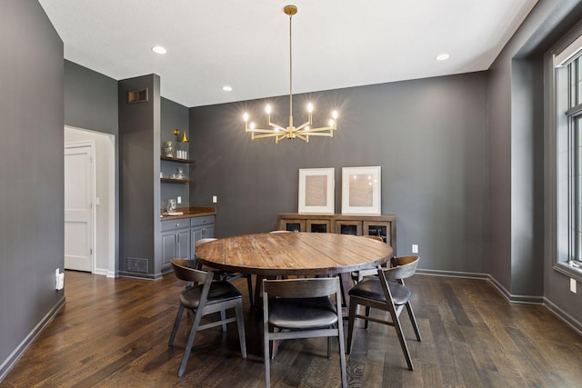 2 Red Forest Ln, North Oaks, MN 55127 - dining area featuring dark wood-style flooring, a chandelier, bar area, and recessed lighting