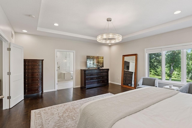 2 Red Forest Ln, North Oaks, MN 55127 - bedroom featuring a chandelier, wood finished floors, a raised ceiling, recessed lighting, and ensuite bath