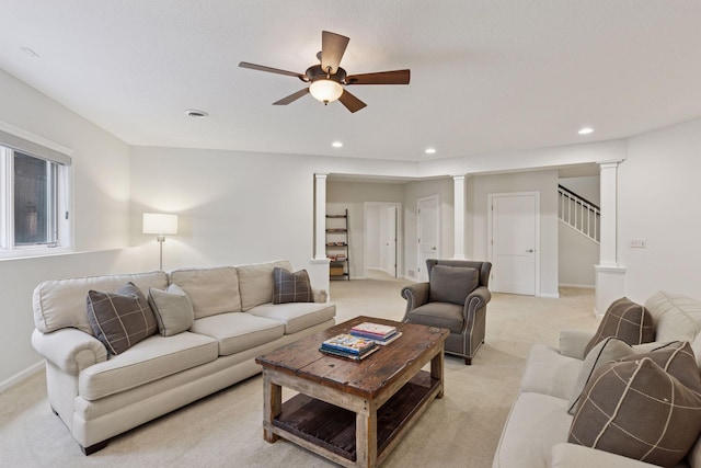 2 Red Forest Ln, North Oaks, MN 55127 - living area featuring light colored carpet, recessed lighting, a ceiling fan, decorative columns, and stairway