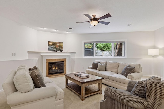 2 Red Forest Ln, North Oaks, MN 55127 - living room featuring light colored carpet, a ceiling fan, and a glass covered fireplace