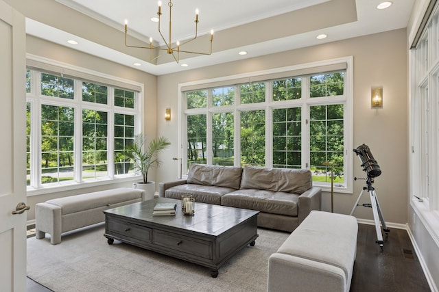 2 Red Forest Ln, North Oaks, MN 55127 - living room with recessed lighting, plenty of natural light, a chandelier, wood finished floors, and crown molding