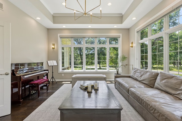 2 Red Forest Ln, North Oaks, MN 55127 - living room featuring crown molding, dark wood-style flooring, recessed lighting, a tray ceiling, and a chandelier