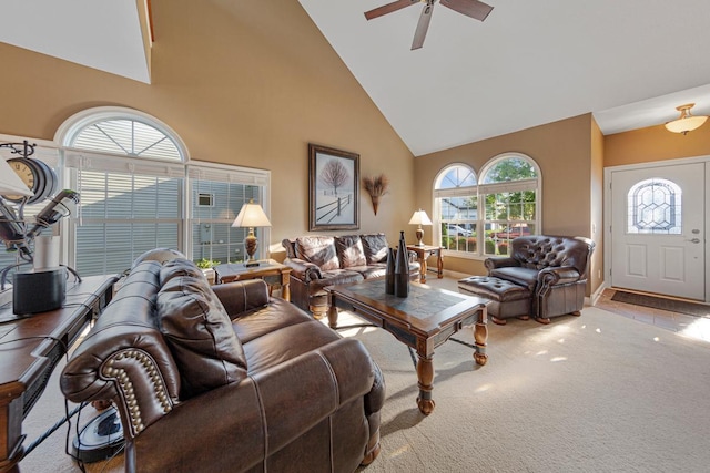 1904 Rock Ridge Ln, Saint Peter, MN 56082 - carpeted living room with high vaulted ceiling and a ceiling fan