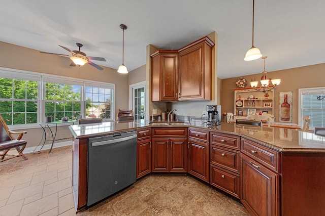 1904 Rock Ridge Ln, Saint Peter, MN 56082 - kitchen with dishwasher, a peninsula, a chandelier, a ceiling fan, and pendant lighting