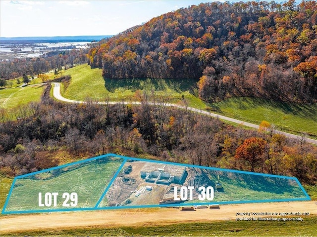 S1546 Shawnee Dr Unit B, Alma, WI 54610 - aerial overview of property's location featuring property parcel outlined and a heavily wooded area