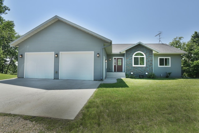 30534 County Highway 12, Dalton, MN 56324 - ranch-style home with a front lawn, concrete driveway, a garage, and stone siding