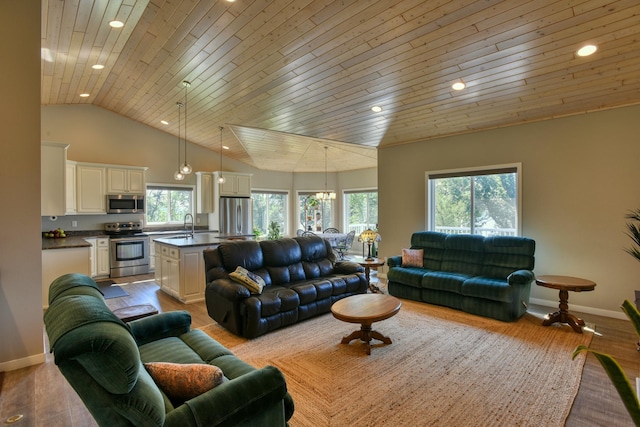 30534 County Highway 12, Dalton, MN 56324 - living room featuring wooden ceiling, vaulted ceiling, wood finished floors, recessed lighting, and a chandelier