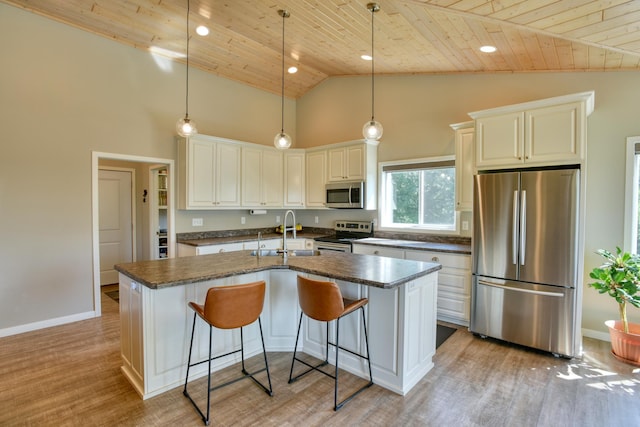 30534 County Highway 12, Dalton, MN 56324 - kitchen with appliances with stainless steel finishes, wooden ceiling, high vaulted ceiling, a kitchen island with sink, and a kitchen breakfast bar