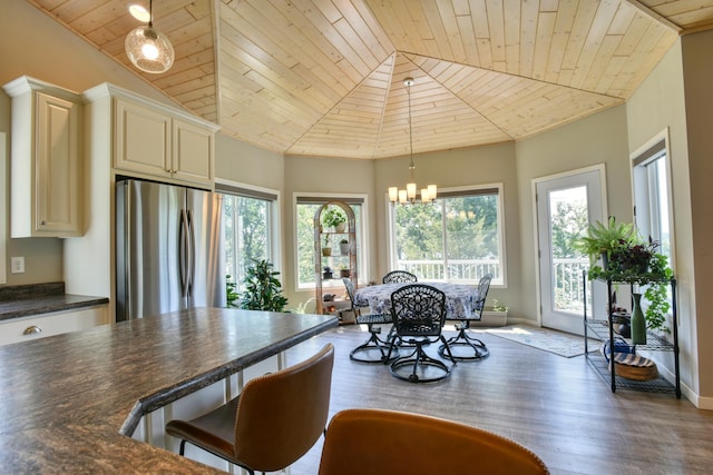 30534 County Highway 12, Dalton, MN 56324 - dining room featuring wooden ceiling, a chandelier, wood finished floors, and vaulted ceiling