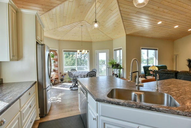 30534 County Highway 12, Dalton, MN 56324 - kitchen featuring wood ceiling, appliances with stainless steel finishes, wood finished floors, hanging light fixtures, and open floor plan