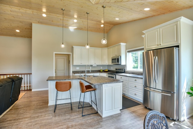 30534 County Highway 12, Dalton, MN 56324 - kitchen featuring stainless steel appliances, wooden ceiling, a kitchen bar, light wood-type flooring, and an island with sink